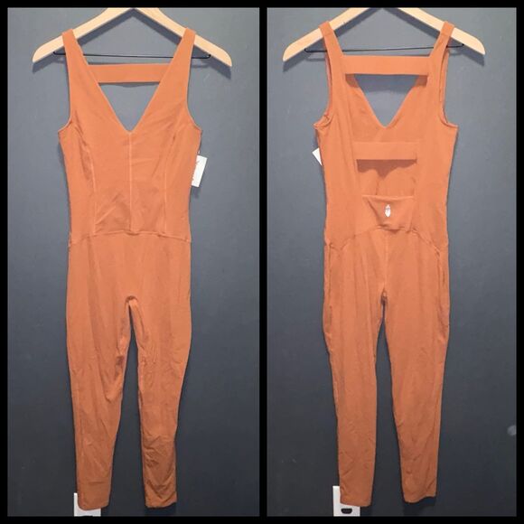 Free People Movement Good Karma Onesie Romper Jumpsuit Womens Small Burnt Orange - Picture 1 of 9